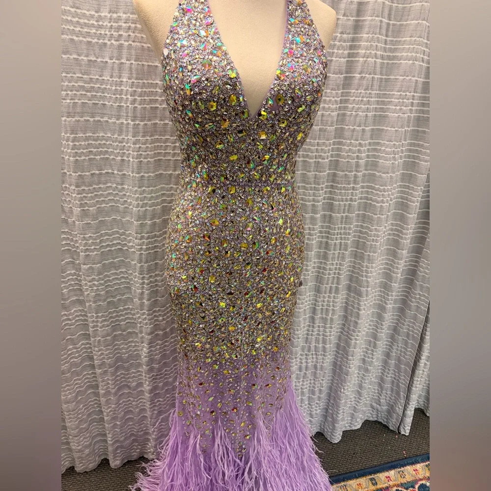 Lavender Sequin Halter Prom Dress - Picture 2 of 7